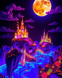 Experience a fantastical realm brought to life through creative light art, showcasing a vibrant kingdom with floating islands