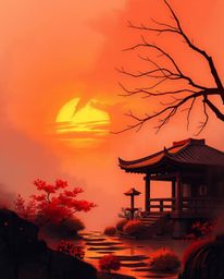 Immerse yourself in a warm, rough, and dynamic digital sketch of a serene Zen garden during a misty, atmospheric sunset. This