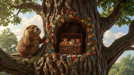 A highly detailed, high-resolution stock photo captures a friendly, anthropomorphic beaver, reminiscent of Pixar characters,