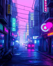 This high-resolution stock photo features a captivating pixelated glitch image of a cyberpunk street immersed in a vibrant ne