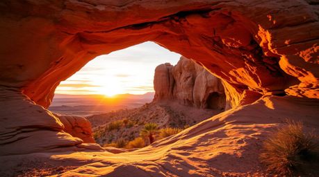 Capture the breathtaking beauty of a desert sunset framed by a natural rock arch in this long exposure photograph. The warm a