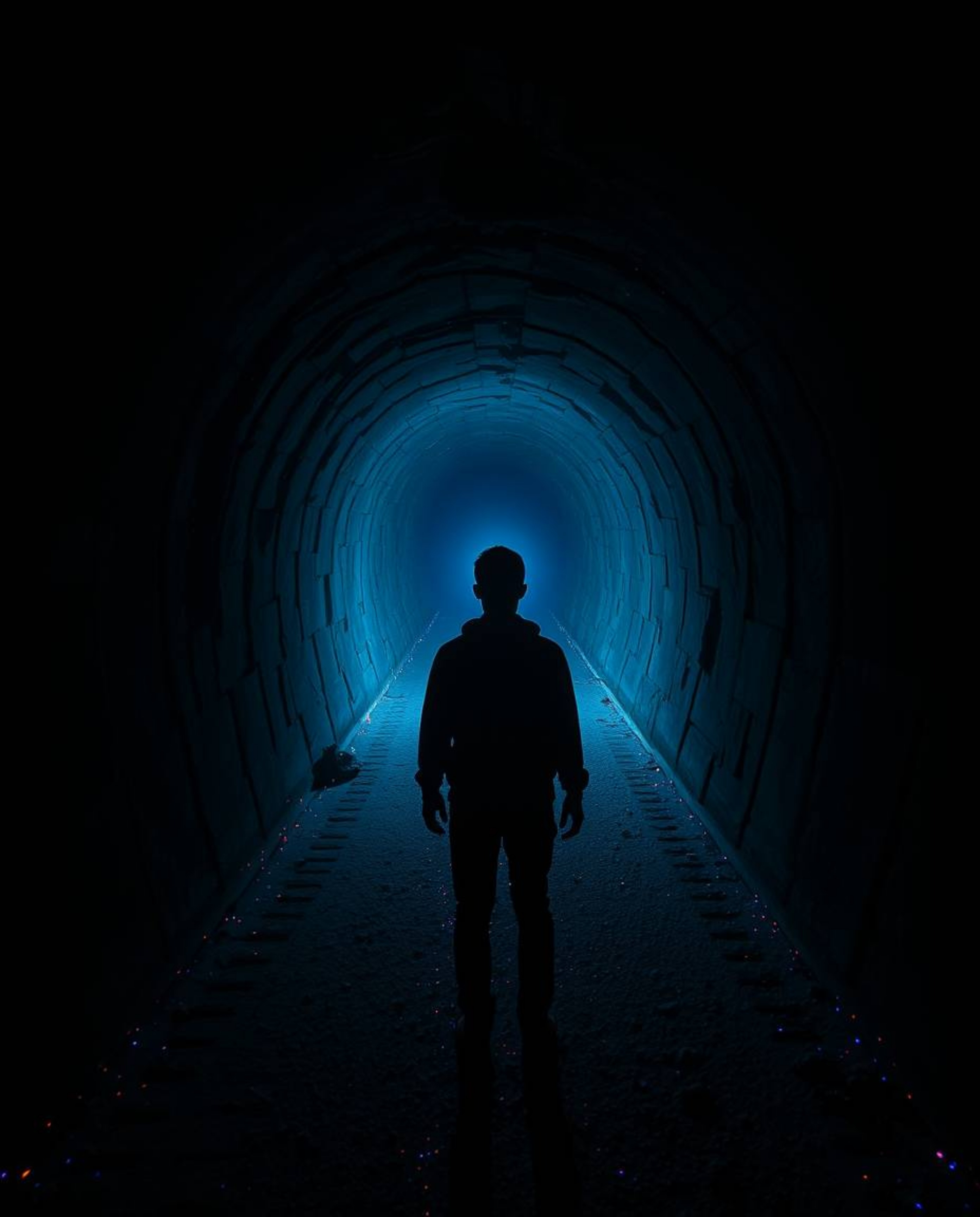 A captivating image depicting a person standing at the edge of a mysterious tunnel, bathed in an eerie, bioluminescent glow. 