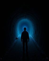 A captivating image depicting a person standing at the edge of a mysterious tunnel, bathed in an eerie, bioluminescent glow. 