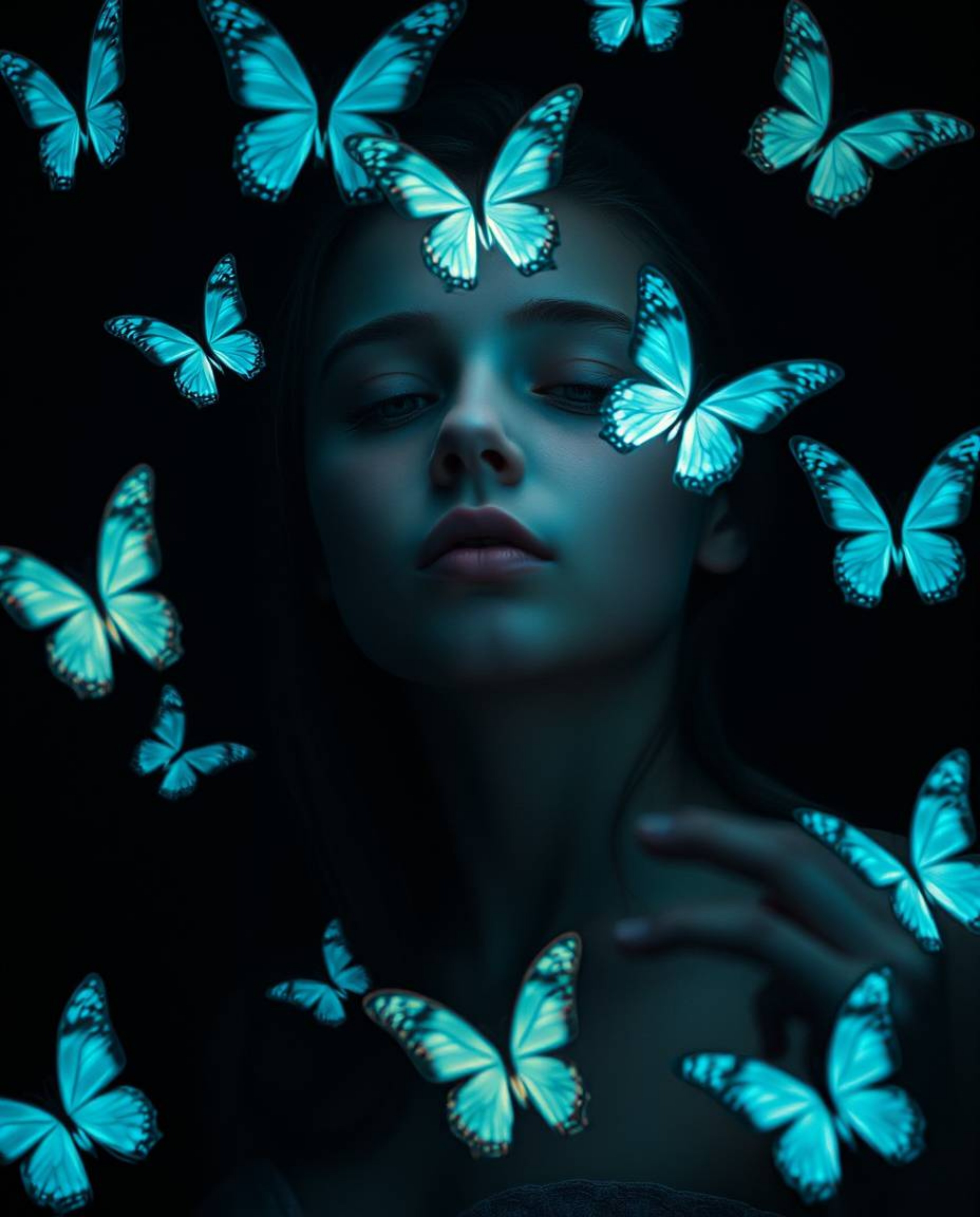 A captivating image of a pale girl releasing bioluminescent butterflies against an intense jet black background.  Vibrant dee