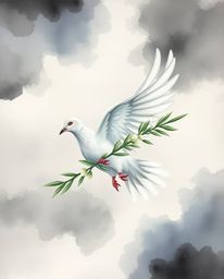 This ethereal watercolor painting captures the symbolic imagery of a dove carrying an olive branch through a tempestuous sky.