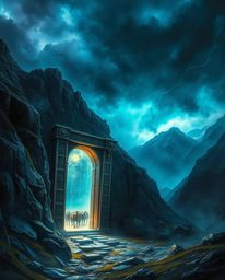 An ancient doorway, glowing with mysterious runes, is nestled within a dramatic mountainside. The scene is dominated by inten