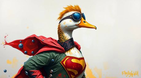 This vibrant acrylic painting captures a duck in a hilariously zany superhero costume, bravely facing the world through thick