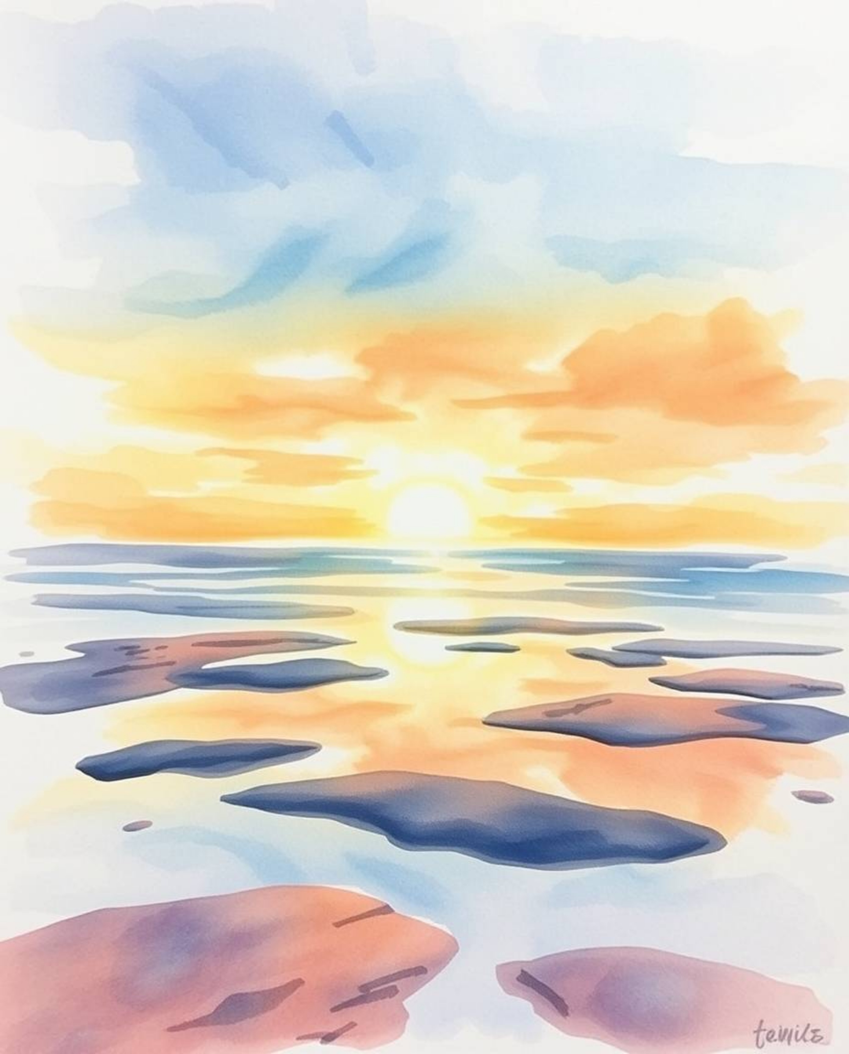A delicate watercolor painting captures a sunset sky mirrored in tidal pools on the beach. This artwork is characterized by i