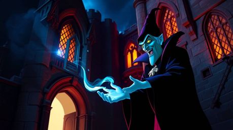 A captivating image depicting a classic Disney villain casting a spell within an ancient castle.  Rendered in a dramatic cine