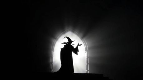 A captivating image of a classic Disney villain silhouetted against a bright light source within an ancient castle. The scene