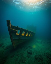 An underwater shipwreck, illuminated by the soft, warm glow of golden hour light, creates a mesmerizing spectacle. Electric, 