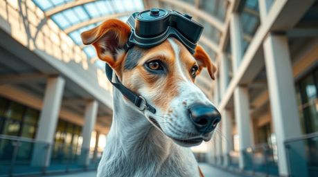 A stunning architectural color photograph captures a sophisticated dog detective utilizing advanced high-tech gadgets.  The i