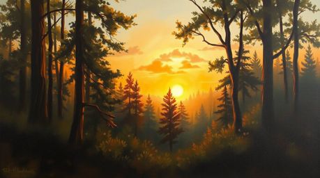 A classic oil painting depicting the mesmerizing scene of a sunset filtering through a dense forest.  The artwork emphasizes 