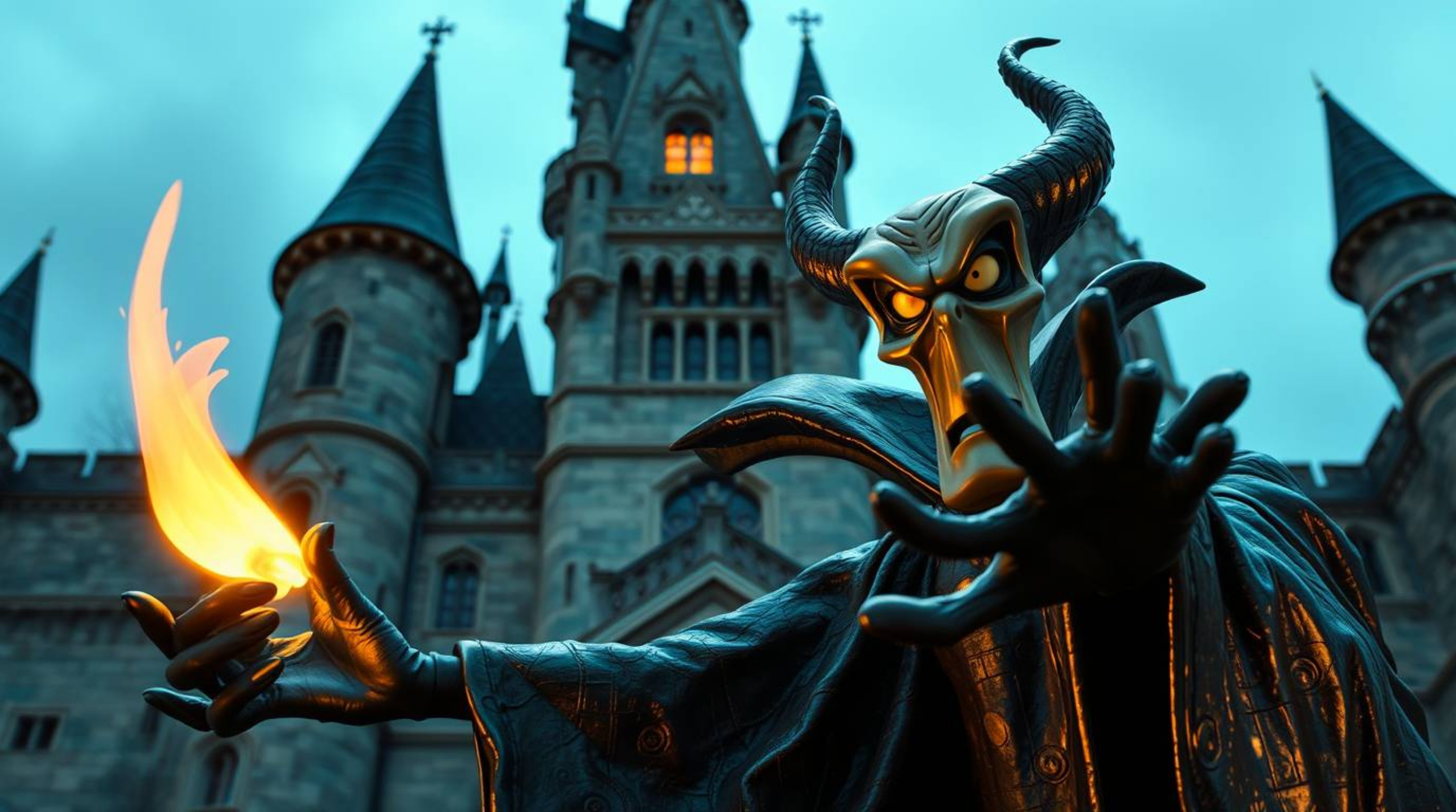A captivating depiction of a classic Disney villain casting a spell within the ancient walls of an old castle. This striking