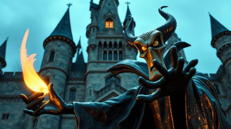 A captivating depiction of a classic Disney villain casting a spell within the ancient walls of an old castle. This striking