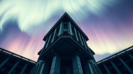 A stunning architectural color photograph evoking an eerie atmosphere through unsettling details and dark tones. Inspired by