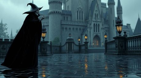 A classic Disney villain, cloaked in dark clothing, is depicted casting a powerful spell within the rain-soaked confines of a