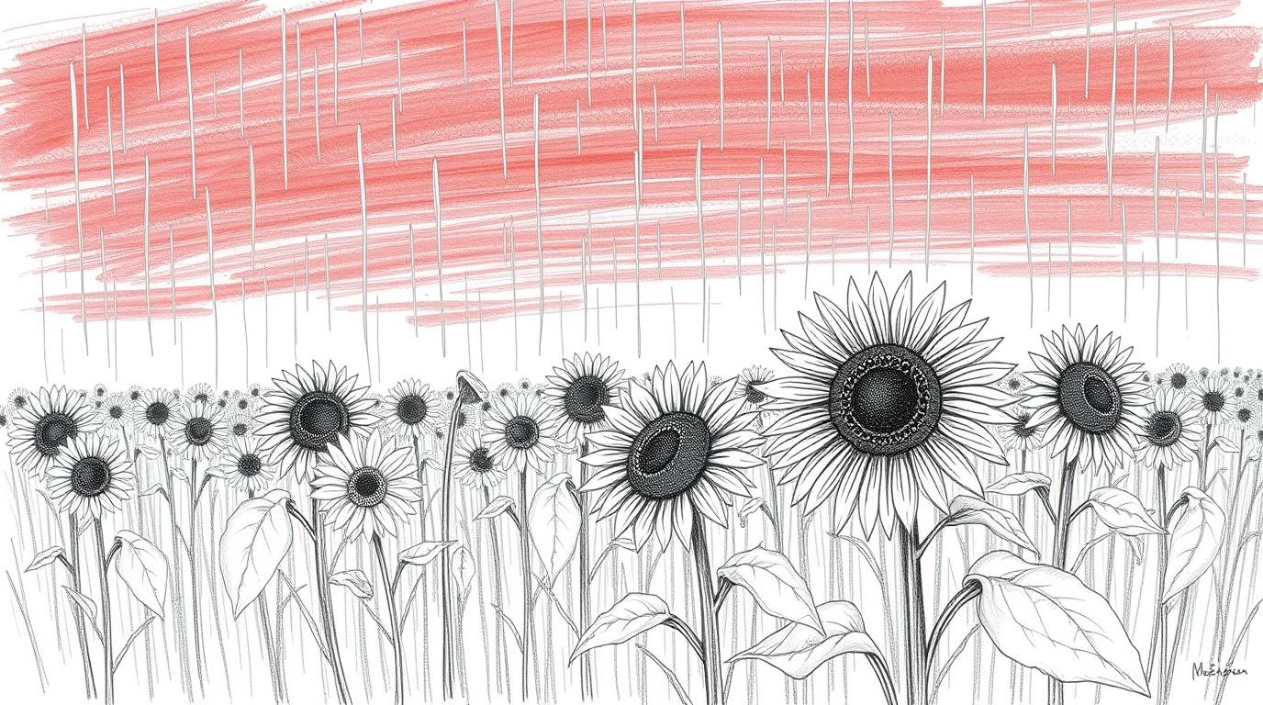 This is a hand-drawn pencil sketch depicting a vibrant sunflower field bathed under a deep red and purple sky, experiencing a