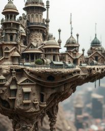 A surreal floating island boasting bizarre and captivating architecture, captured in a tight close-up shot. The scene is bath