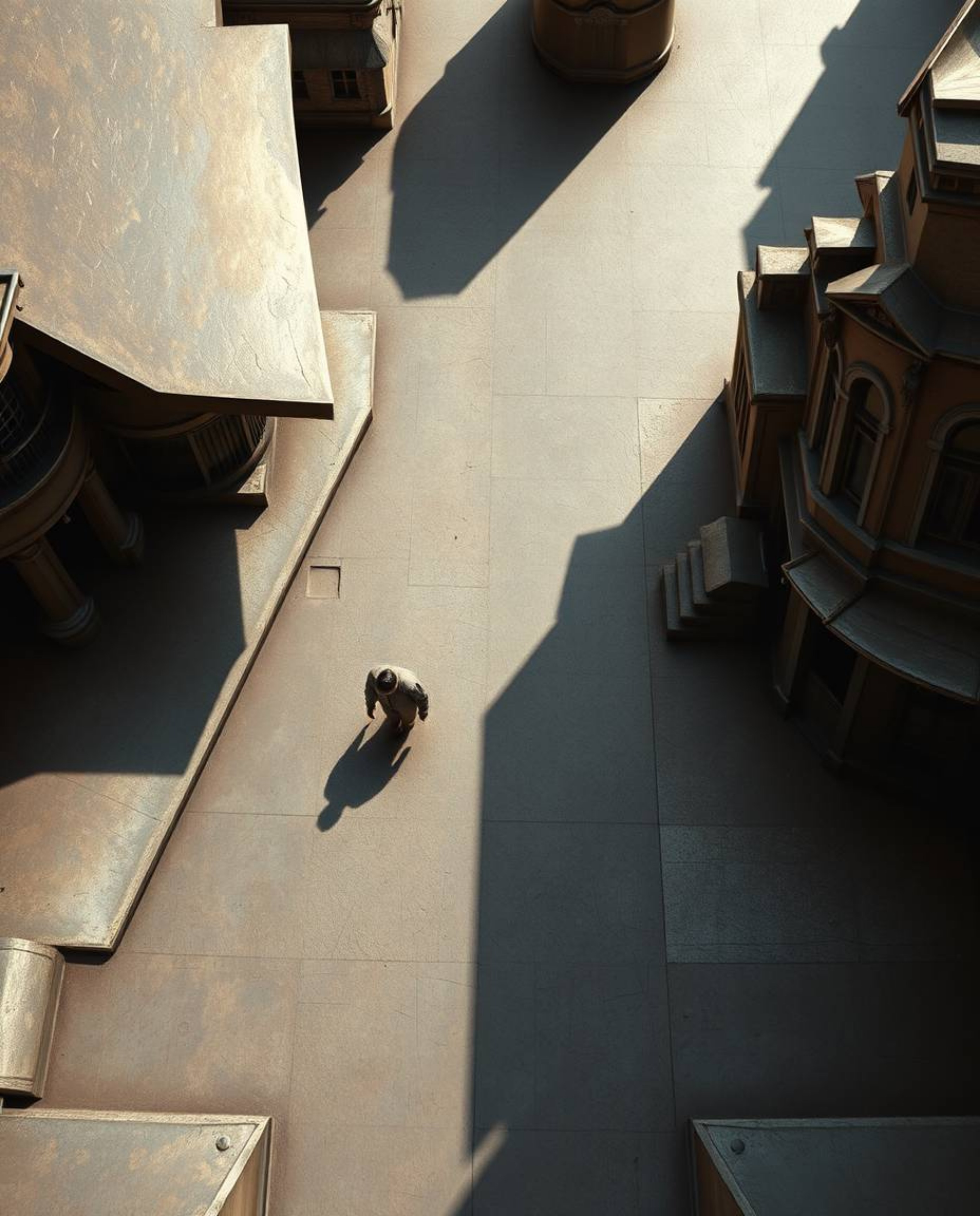 A captivating bronze-toned overhead view reveals a surreal street scene where buildings fold and twist in unexpected ways, cr