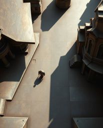 A captivating bronze-toned overhead view reveals a surreal street scene where buildings fold and twist in unexpected ways, cr