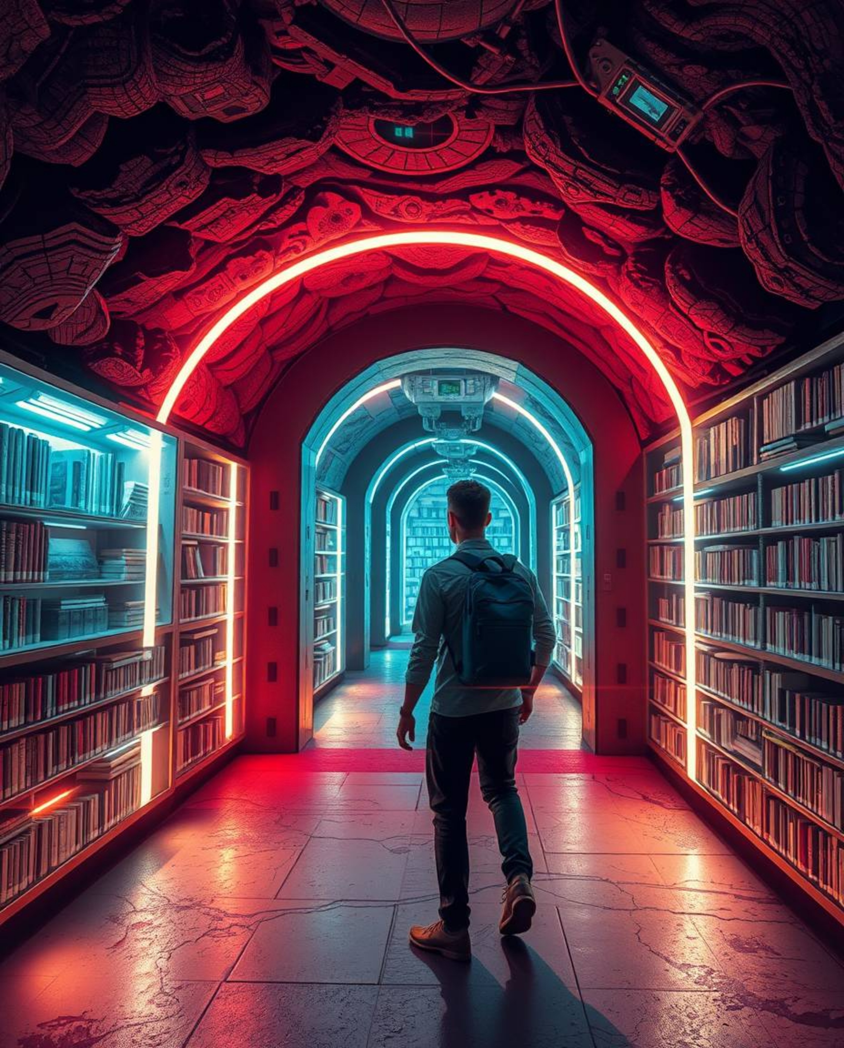 Imagine stumbling upon a hidden underground library in a futuristic setting, illuminated by creative light art and abstract p