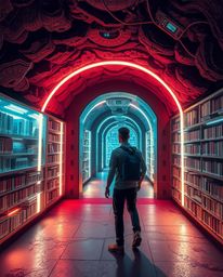 Imagine stumbling upon a hidden underground library in a futuristic setting, illuminated by creative light art and abstract p