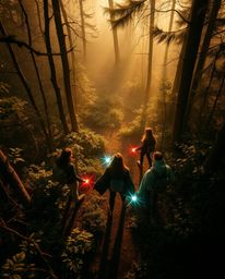 Experience the thrill of a high-angle shot depicting a group of friends, each possessing extraordinary abilities, venturing i