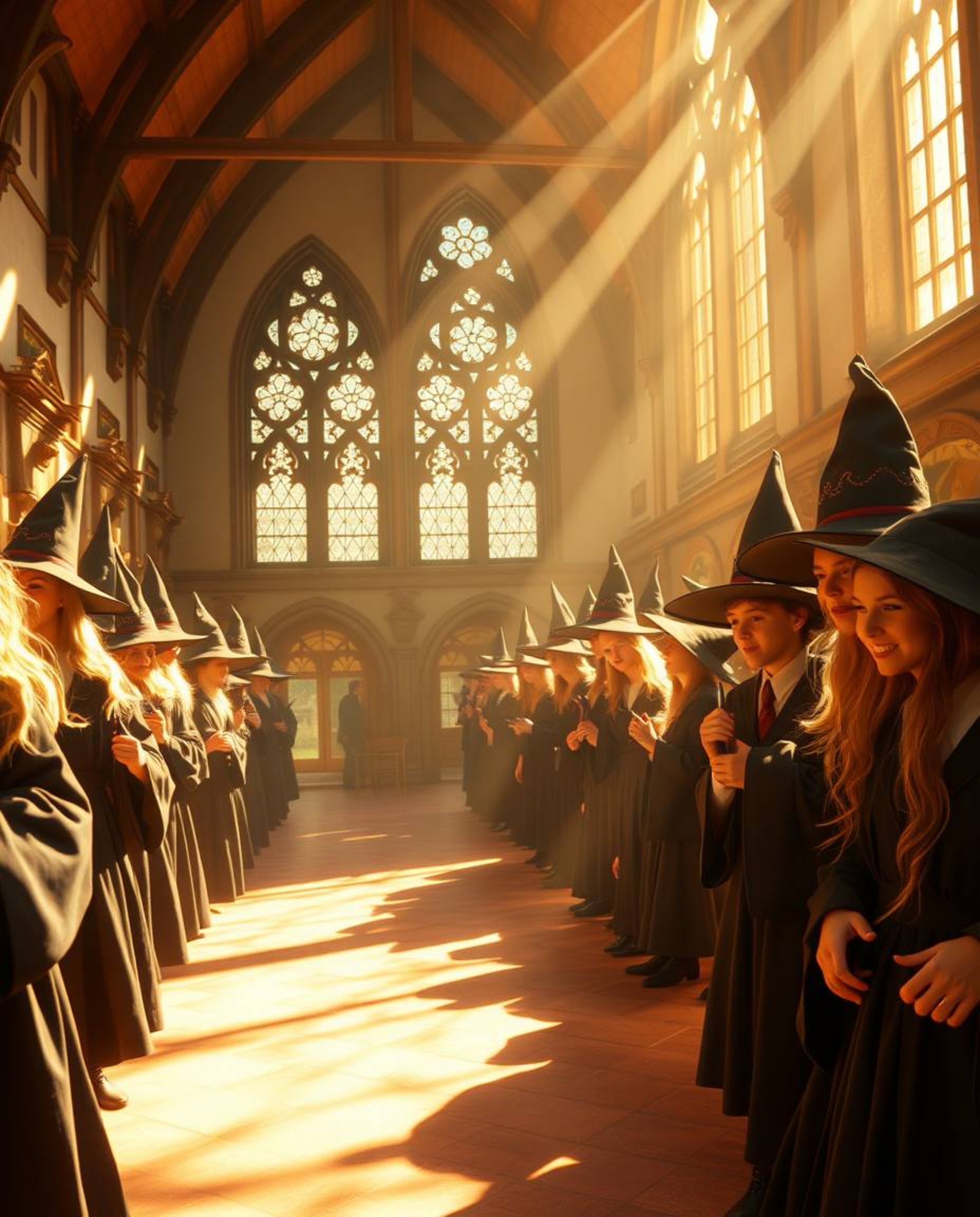 Explore a magical school brimming with young wizards, bathed in the warm and enchanting light of the golden hour. The school 