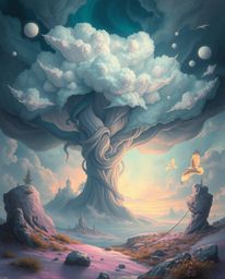 Explore a dreamlike surreal landscape painted with soft pastel colors, depicting a surreal storm filled with fantastical elem