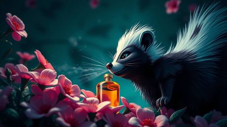 A stunning and visually captivating photograph showcases a cartoon skunk spraying perfume onto vibrant flowers. The image is 