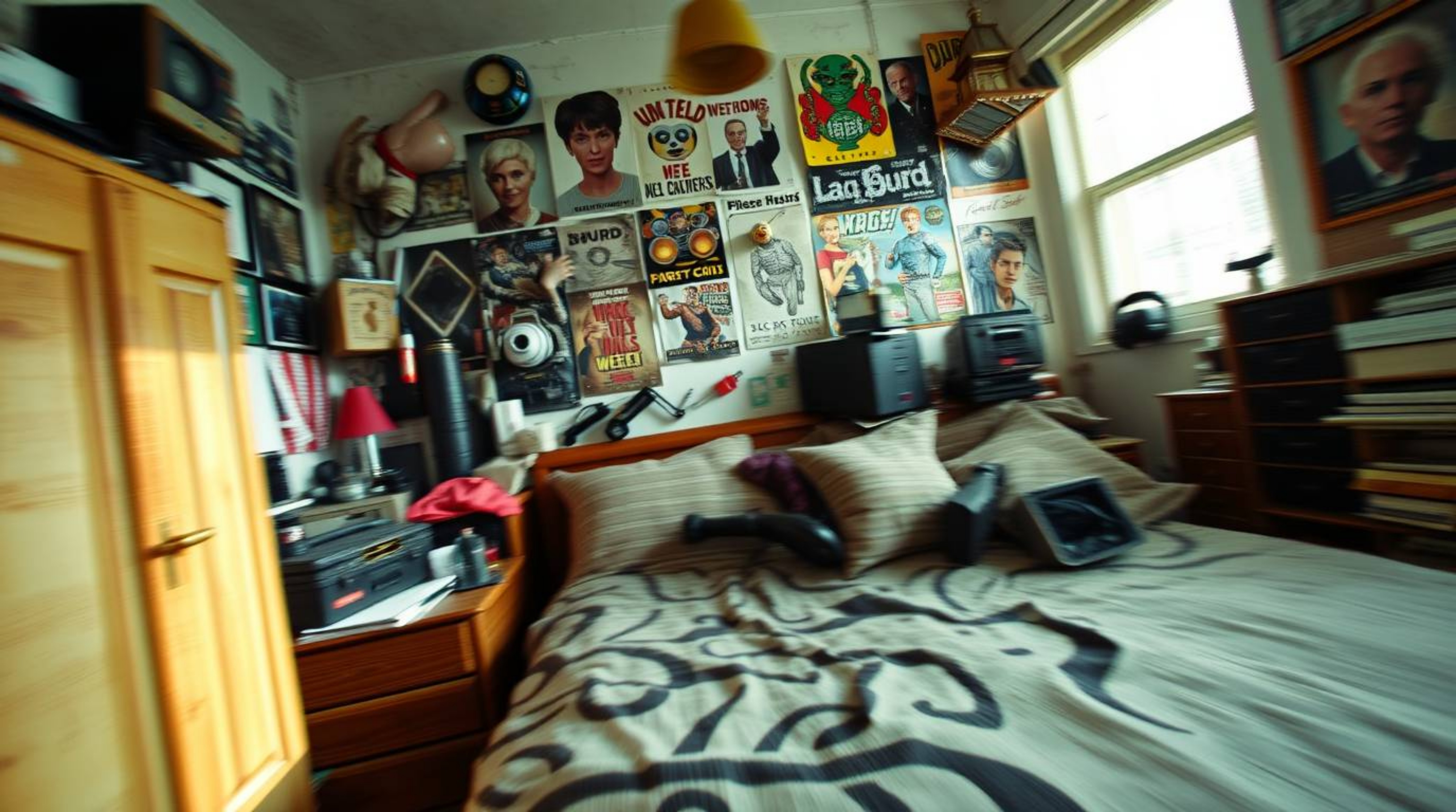 A dynamic image showcasing a messy bedroom filled with strange gadgets and posters.  The scene features dramatic motion blur,
