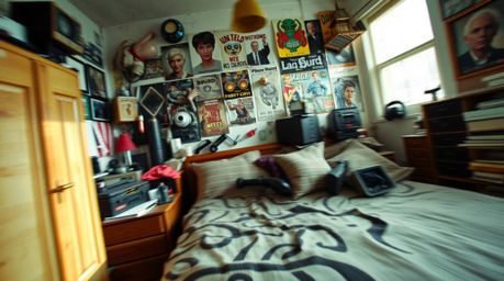 A dynamic image showcasing a messy bedroom filled with strange gadgets and posters.  The scene features dramatic motion blur,