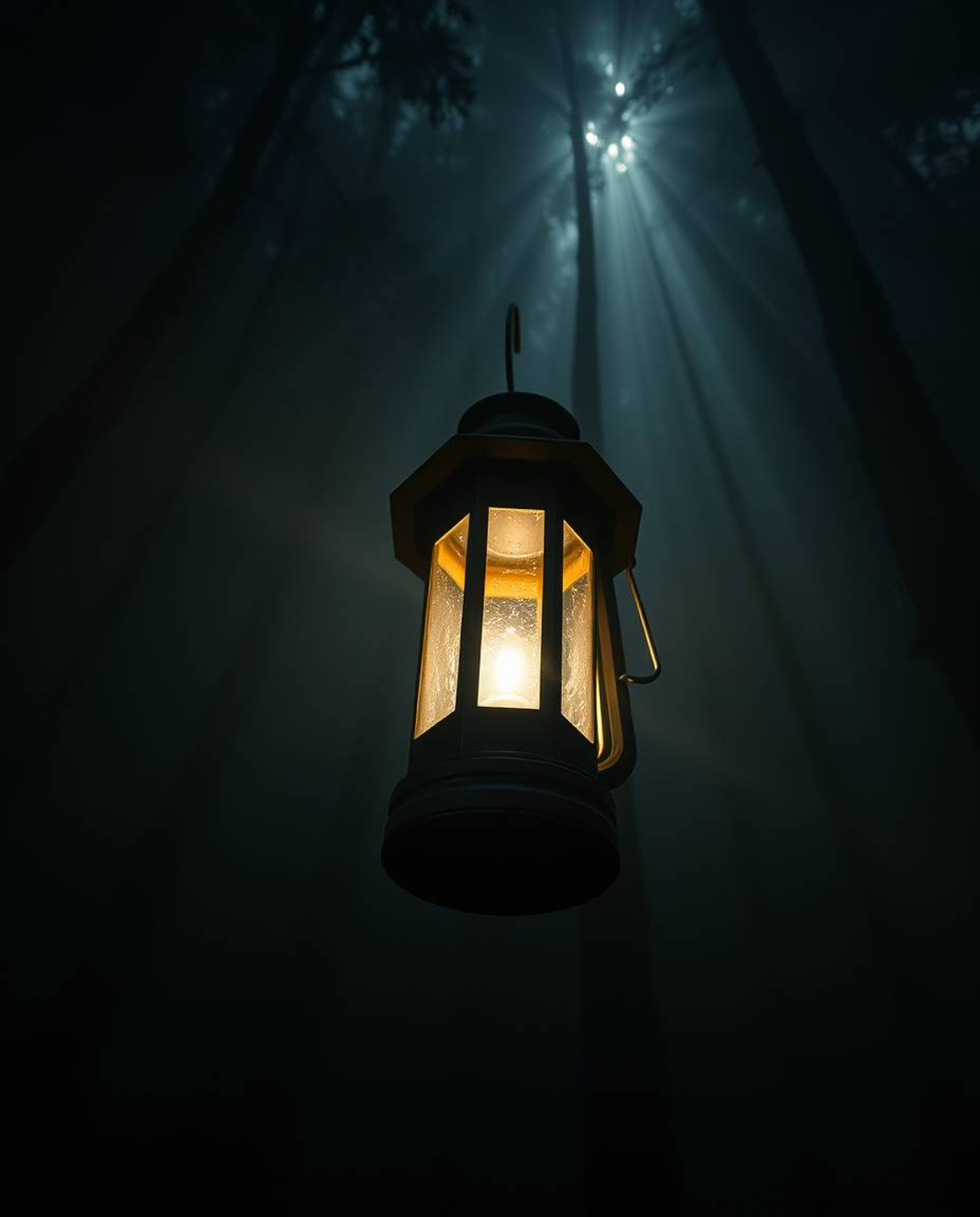 Immerse yourself in a captivating scene featuring a glowing lantern illuminating a dark forest, accentuated by high angle per