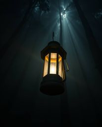 Immerse yourself in a captivating scene featuring a glowing lantern illuminating a dark forest, accentuated by high angle per