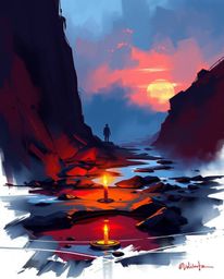 A digital sketch captures a fantasy scene with a sunset sky mirrored in tidal pools, rendered in a rich burgundy and deep blu