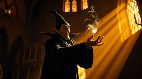 This professional photograph captures a classic Disney villain intensely casting a spell within the atmospheric setting of an