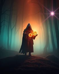 An epic scene unfolds in a vast, misty forest, featuring a cloaked figure holding a radiant, glowing orb. The warm terracotta