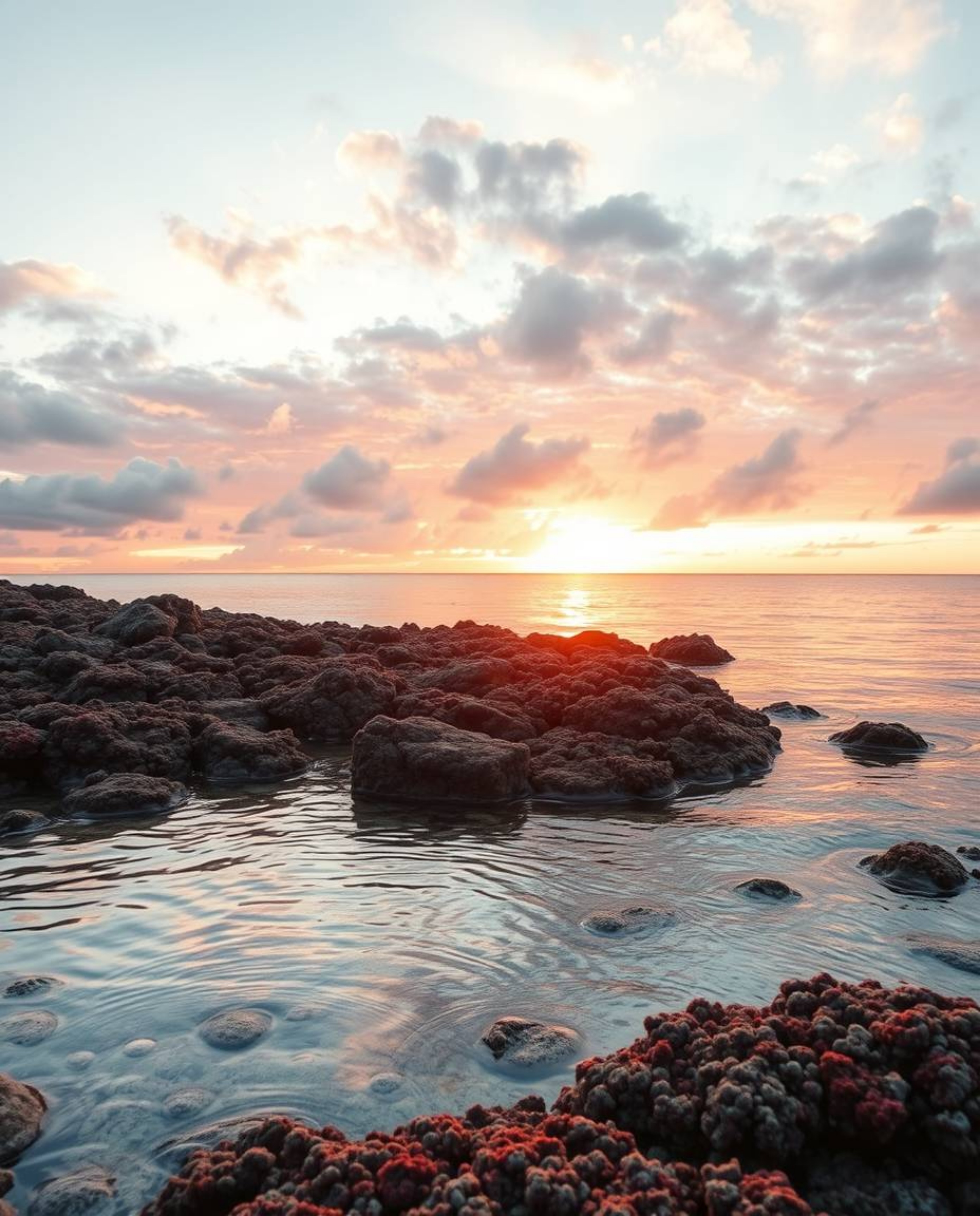 A coral reef at low tide is bathed in the warm golden hour light of a colorful sky. The scene is illuminated by a soft light 