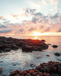 A coral reef at low tide is bathed in the warm golden hour light of a colorful sky. The scene is illuminated by a soft light 