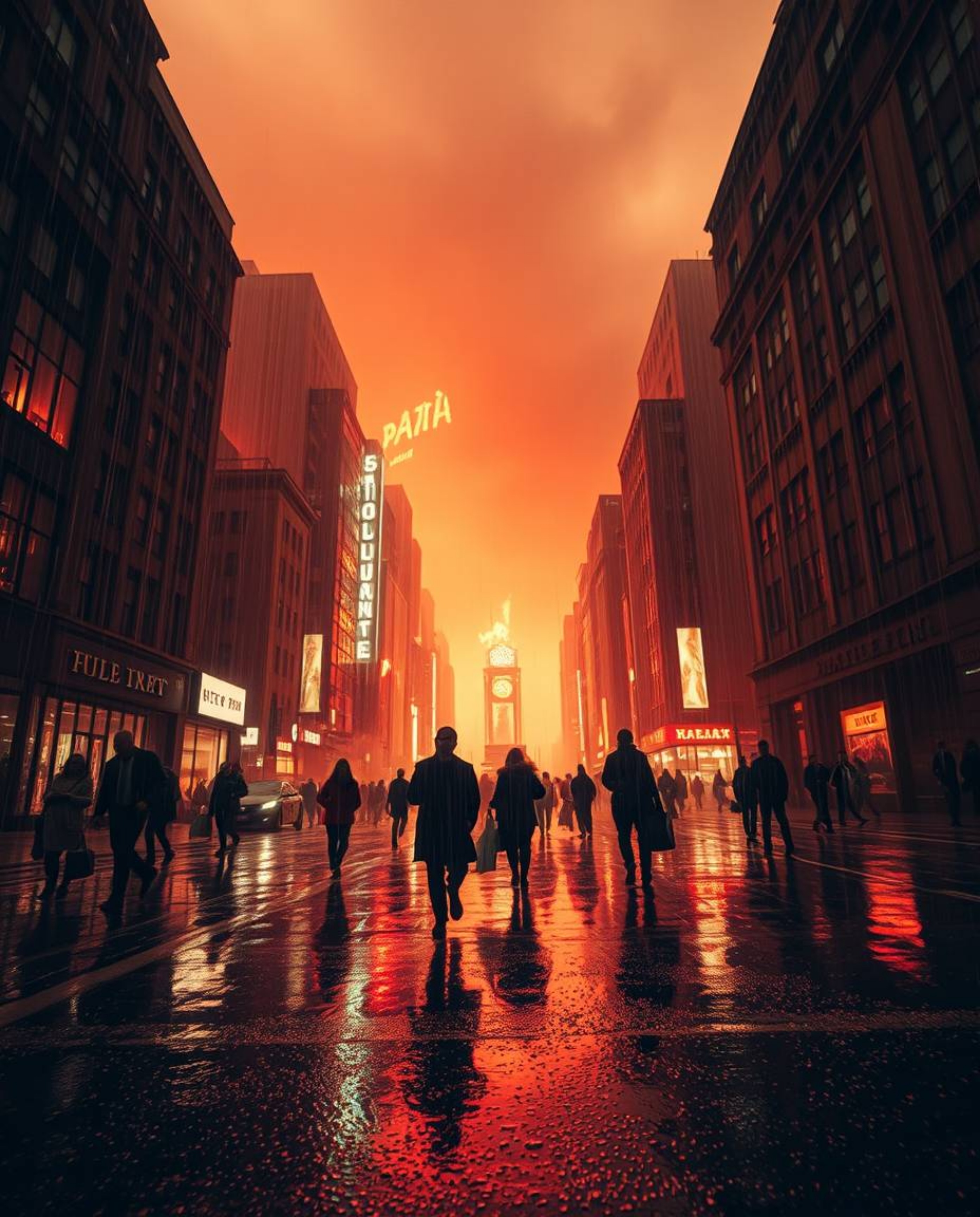 Experience a dramatic and otherworldly scene with a low-angle perspective of a rain-soaked city consumed by flames, showcasin