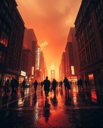 Experience a dramatic and otherworldly scene with a low-angle perspective of a rain-soaked city consumed by flames, showcasin