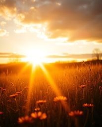 A dramatic, cinematic style photograph capturing a spring sunset over a wildflower meadow. The scene is bathed in a warm gold