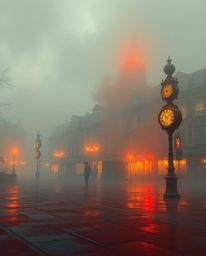 A captivating digital painting depicts an empty town square shrouded in thick fog, where ticking clocks add a mysterious elem