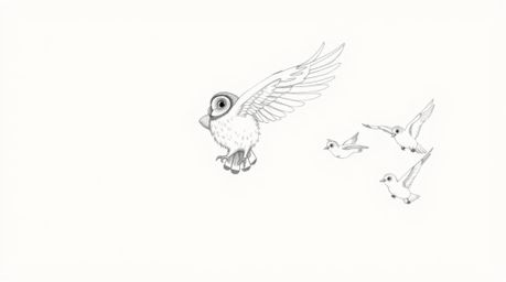 A heartwarming hand-drawn sketch depicts a blind owl, rendered in a Pixar-like style, patiently instructing a flock of birds 