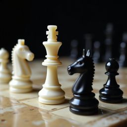 Experience the intense drama of a mid-game chess battle captured in exquisite detail.  This polished marble chessboard, set a