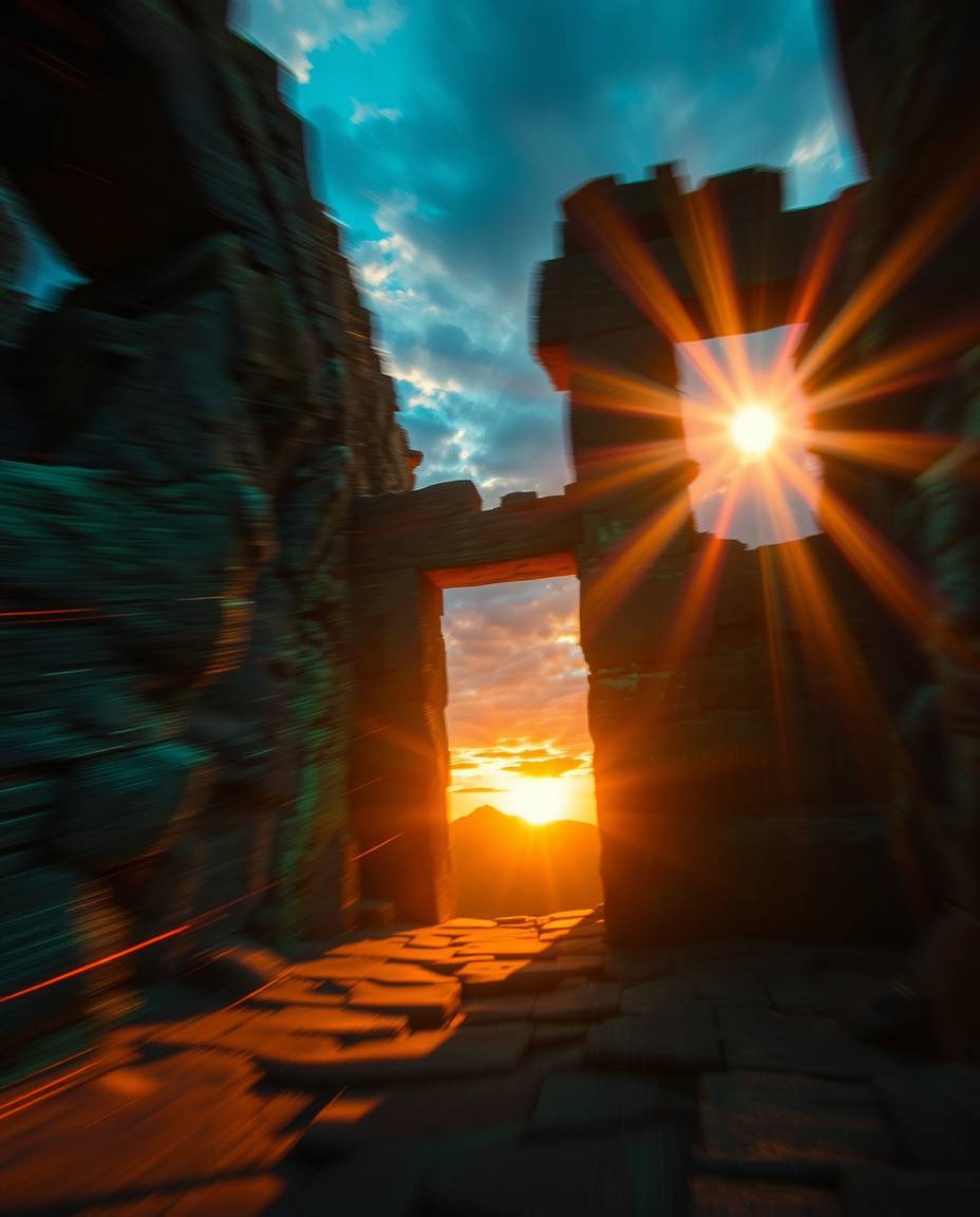 A dynamic image depicting glowing bioluminescent colors as a sunset casts shadows through ancient stone ruins. Natural light 