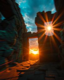 A dynamic image depicting glowing bioluminescent colors as a sunset casts shadows through ancient stone ruins. Natural light 