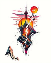 Explore a vibrant and symbolic traditional tattoo art print showcasing a high-angle digital glitch landscape breaking apart o