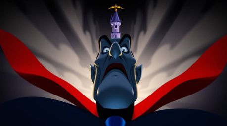 A captivating low-angle shot showcases a classic Disney villain, their sharp features highlighted against the backdrop of a m